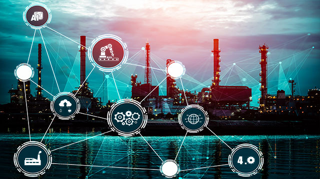 Industry 4.0 technology concept - smart factory for the fourth industrial revolution with symbol graphic showing the automation system through the use of robots and automated machines controlled via the internet network.