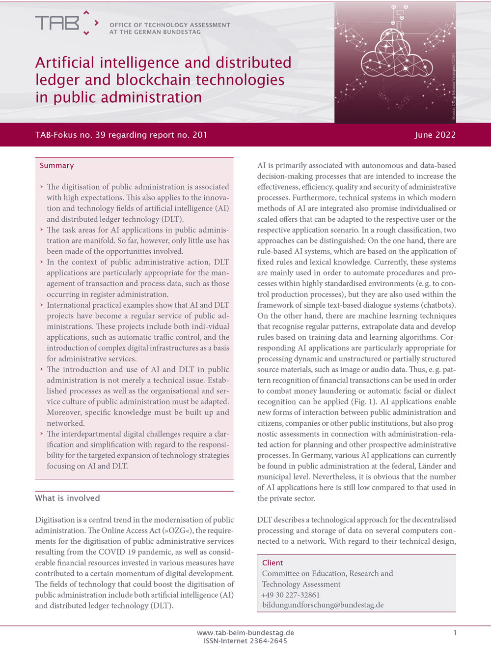 Cover TAB-Fokus 39. AI and DLT and blockchain Technologies in public administration