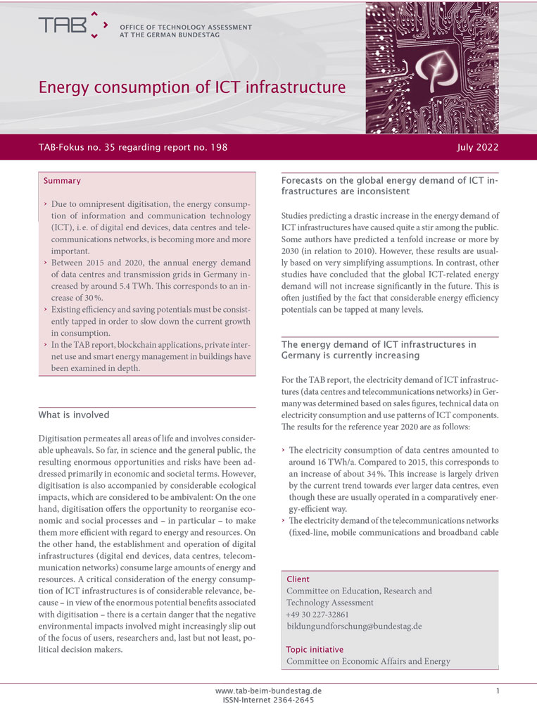 Cover: TAB-Fokus no. 35: Energy consumption of ICT infrastructures