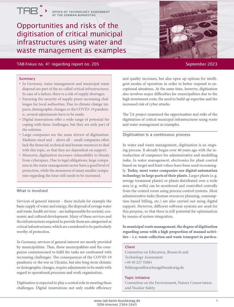 Cover: TAB-Fokus no. 41: Opportunities and risks of the digitisation of critical municipal infrastructures using water and waste management as examples