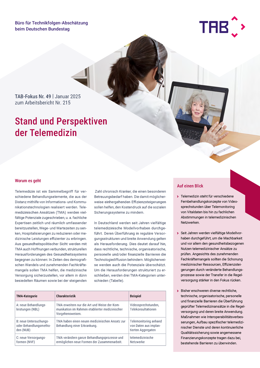 Cover: TAB-Fokus Nr. 49 Stand und Perspektiven der Telemedizin