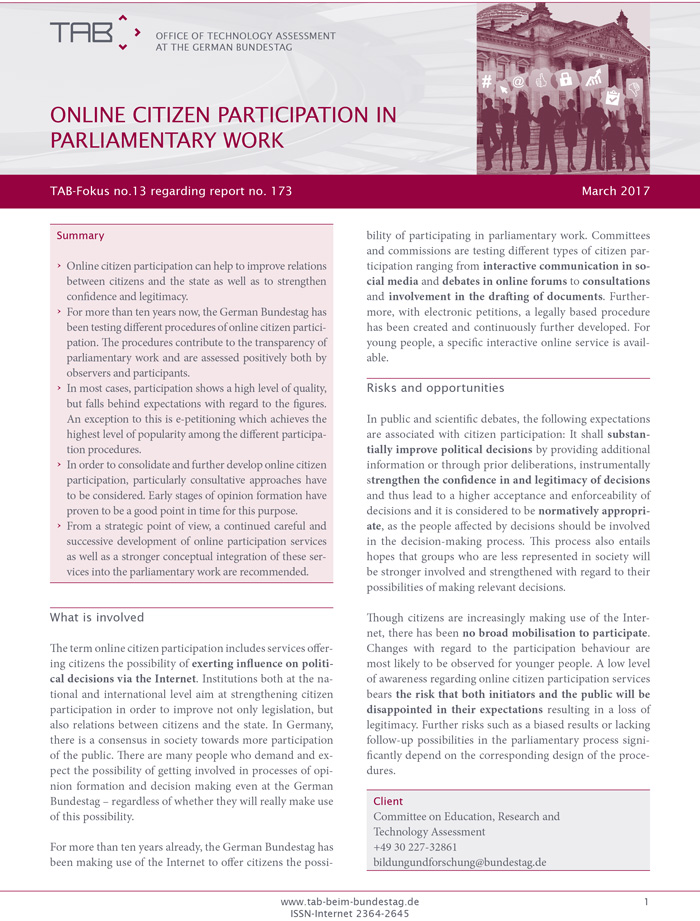 Cover TAB-Fokus no. 13  Online citizen participation in parliamentary work