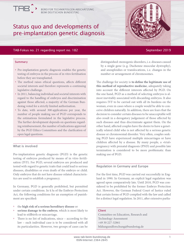 cover TAB-Fokus Monitoring the status quo and developments of pre-implantation genetic diagnosis in Germany