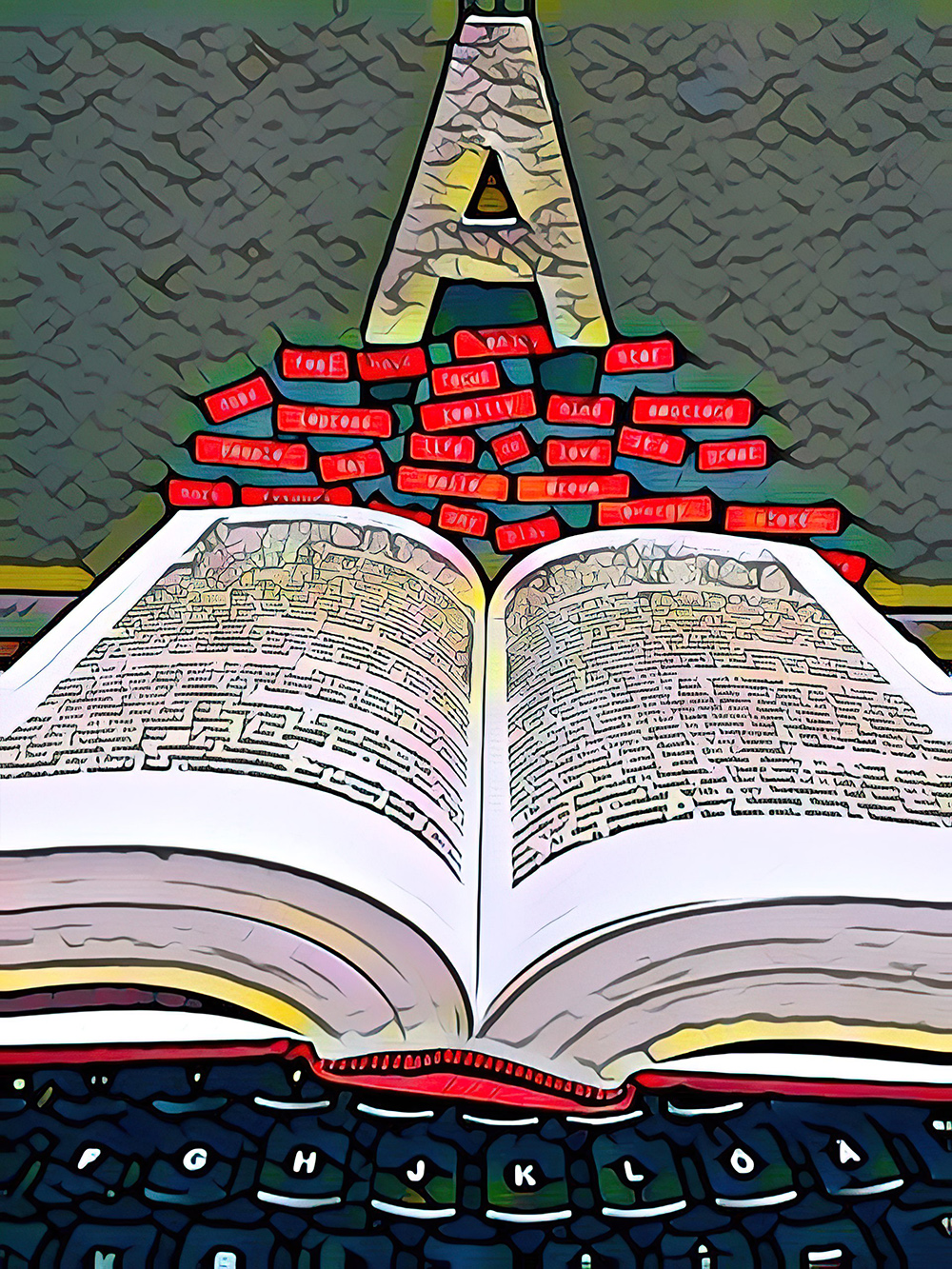 Auf einer schwarzen Tastatur am unteren Bildrand liegt ein aufgeschlagenes Buch, darüber schweben rote Wörter in Form von Etiketten, über denen der Buchstabe A schwebt.