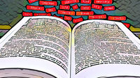 Auf einer schwarzen Tastatur am unteren Bildrand liegt ein aufgeschlagenes Buch, darüber schweben rote Wörter in Form von Etiketten, über denen der Buchstabe A schwebt. (Ausschnitt)