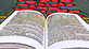 Auf einer schwarzen Tastatur am unteren Bildrand liegt ein aufgeschlagenes Buch, darüber schweben rote Wörter in Form von Etiketten, über denen der Buchstabe A schwebt. (Ausschnitt)