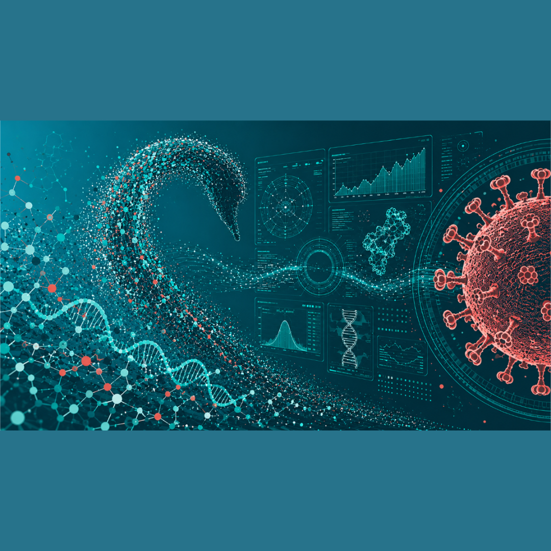  Abstrakte Darstellung eines Virus, einer DNA-Helix und eines Schwans aus Datenpunkten.