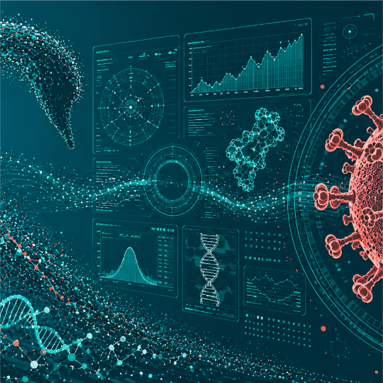  Abstrakte Darstellung eines Virus, einer DNA-Helix und eines Schwans aus Datenpunkten.