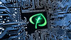 Nahaufnahme eines Computerchips mit dem Icon eines grünen Blattes in der Mitte