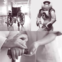 Collage: Rollstuhl im Gang, Roboter Paro, junge Hände berühren alte Hände mit Gehstock - Robotik in der Pflege
