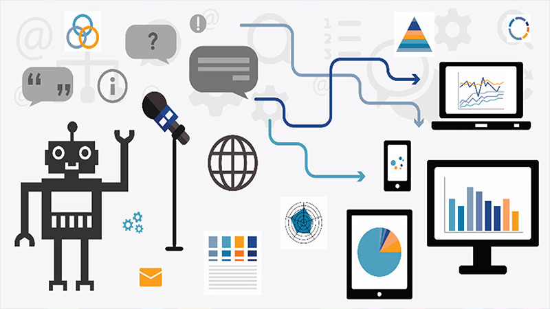 Stylised robot surrounded by icons of various media formats (image, sound, graphic)