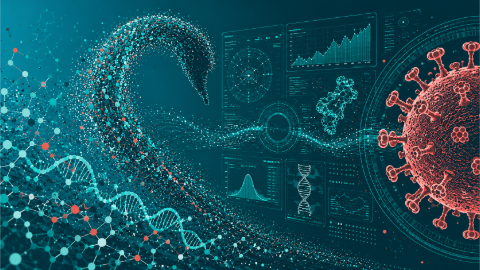 Abstrakte Darstellung eines Virus, einer DNA-Helix und eines Schwans aus Datenpunkten.