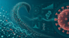 Abstrakte Darstellung eines Virus, einer DNA-Helix und eines Schwans aus Datenpunkten.