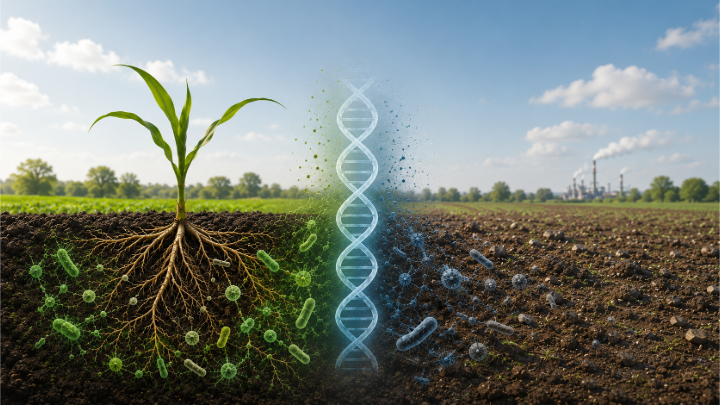 A young plant and a DNA helix over soil, contrasting nature with genetic engineering and industry.