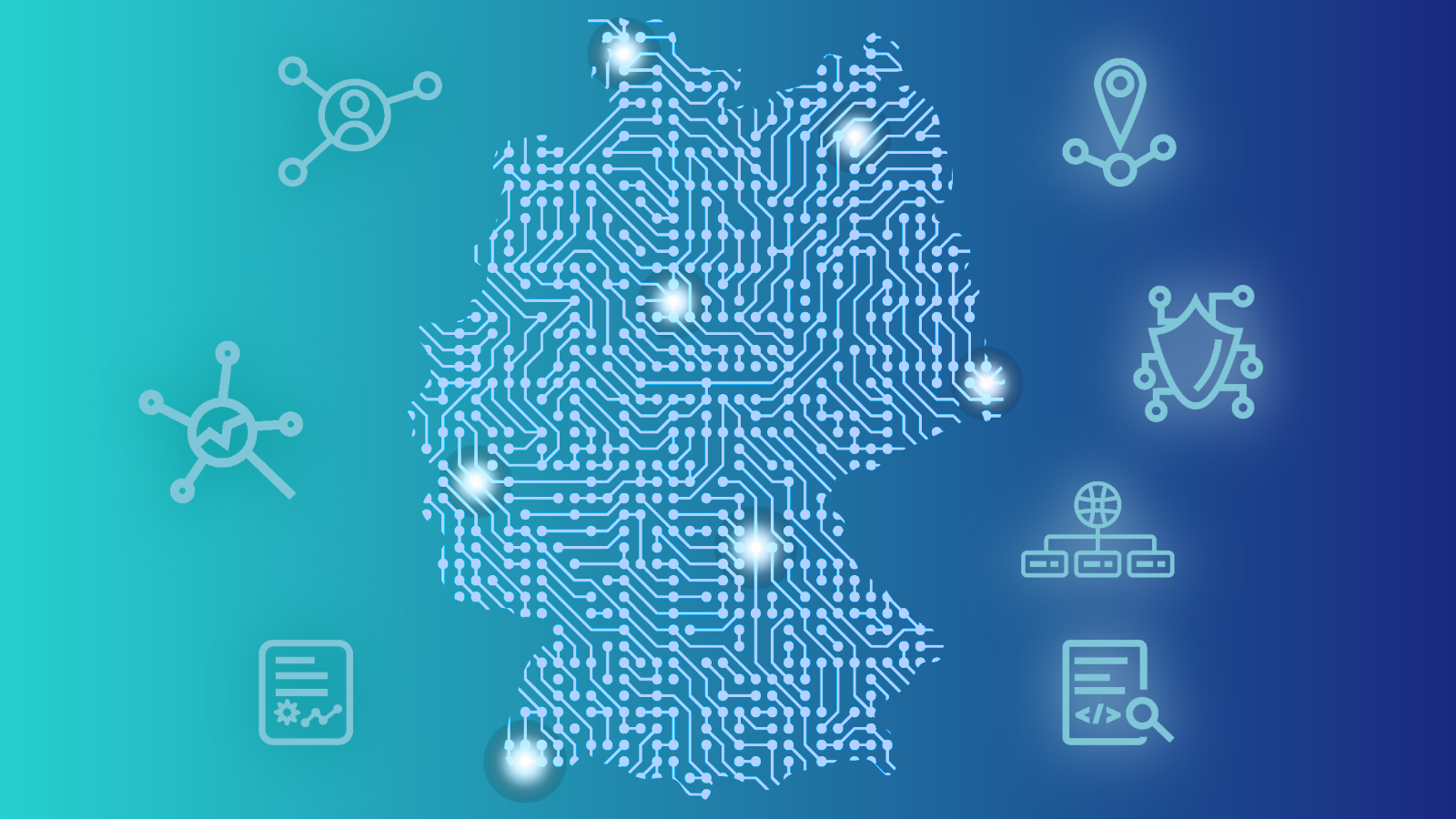 Türkis-blaues Hintergrundbild mit digitalem Deutschland-Umriss aus Leiterbahnen; umgeben von Tech-Symbolen.