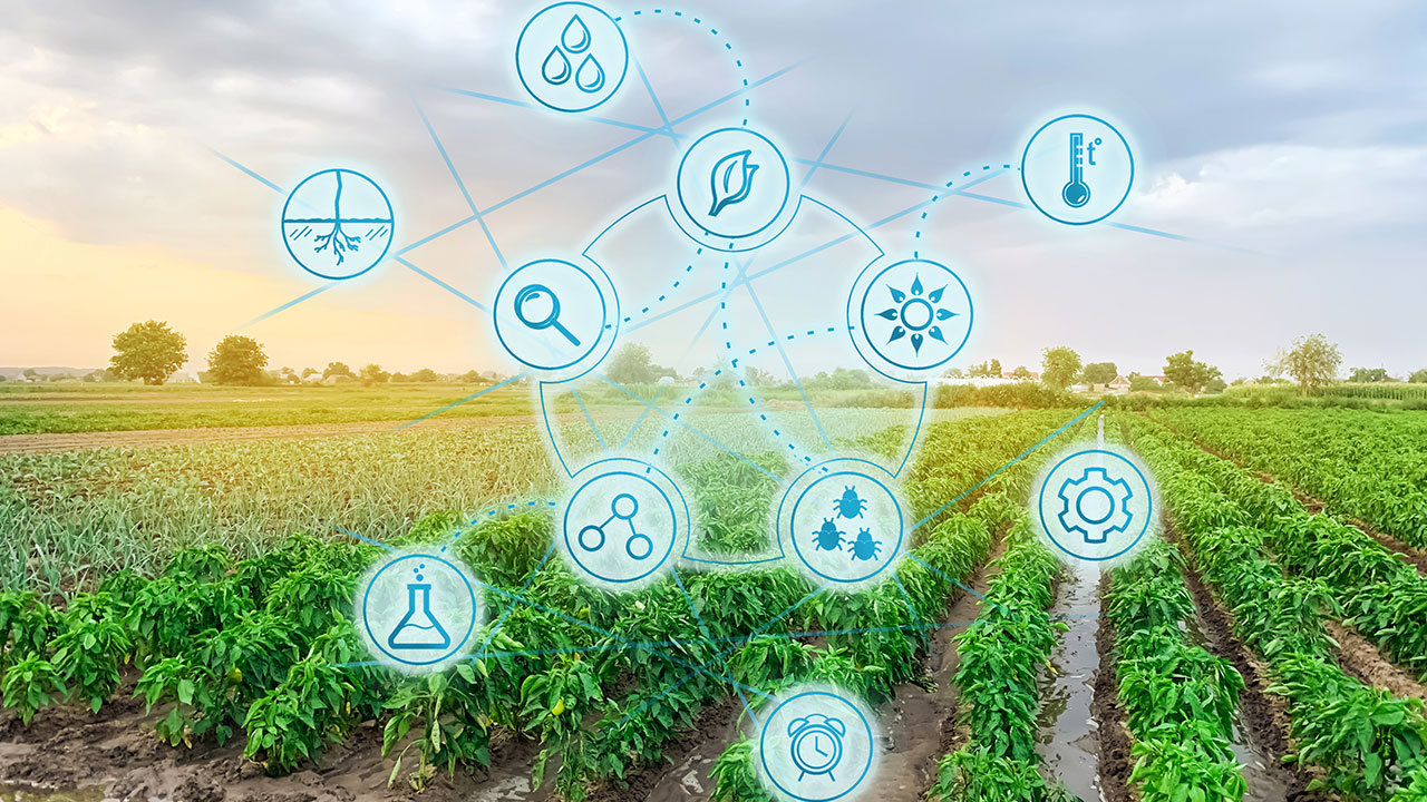 Arable landscape with different symbols of digital sensors 