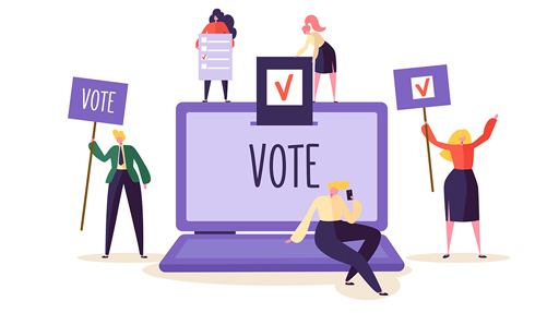 Four people are standing or sitting on an open notebook, holding posters with Vote or a voting formula. "Vote" is also written on the screen.