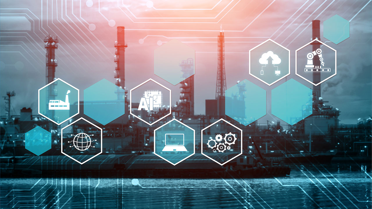 Industry 4.0 technology concept - smart factory for the fourth industrial revolution with symbol graphic showing the automation system through the use of robots and automated machines controlled via the internet network.