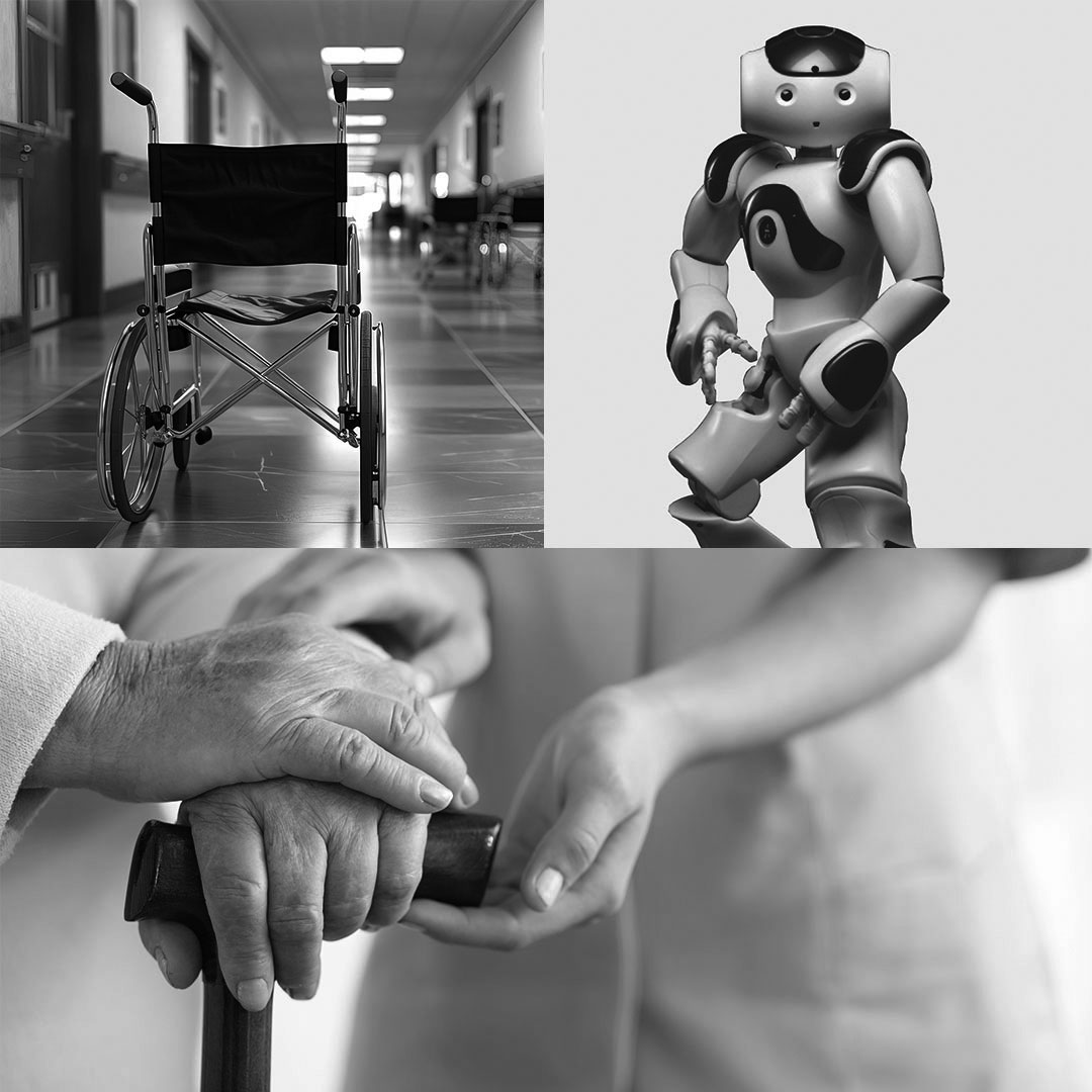 Collage: Wheelchair in the corridor, robot Paro, young hands touch old hands with walking stick - robotics in care