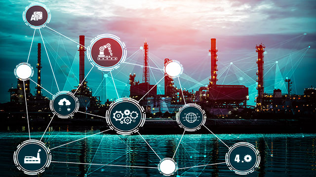 Industrie 4.0 - Technologiekonzept - Intelligente Fabrik für die vierte industrielle Revolution mit Symbolgrafik, die das Automatisierungssystem durch den Einsatz von Robotern und automatisierten Maschinen zeigt, die über das Internet-Netzwerk gesteuert