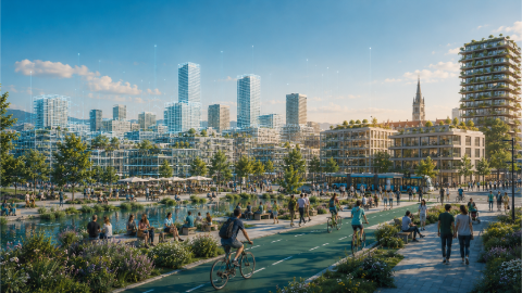Klimaangepasster Stadtraum mit Grünflächen und Wasser, in dem viele Menschen unterwegs sind; im Hintergrund moderne Gebäude mit angedeuteter digitaler Netzstruktur.