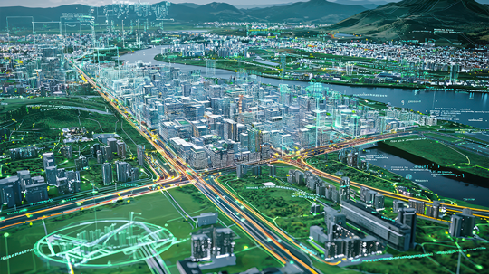 Visualisierung eines urban gestalteten Ebene mit Fluß mit augmented/alternate-Realtiy-Elementen vor Mittelgebirge