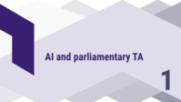 Geometric pattern with purple bar; text 'AI and parliamentary TA', number 1.