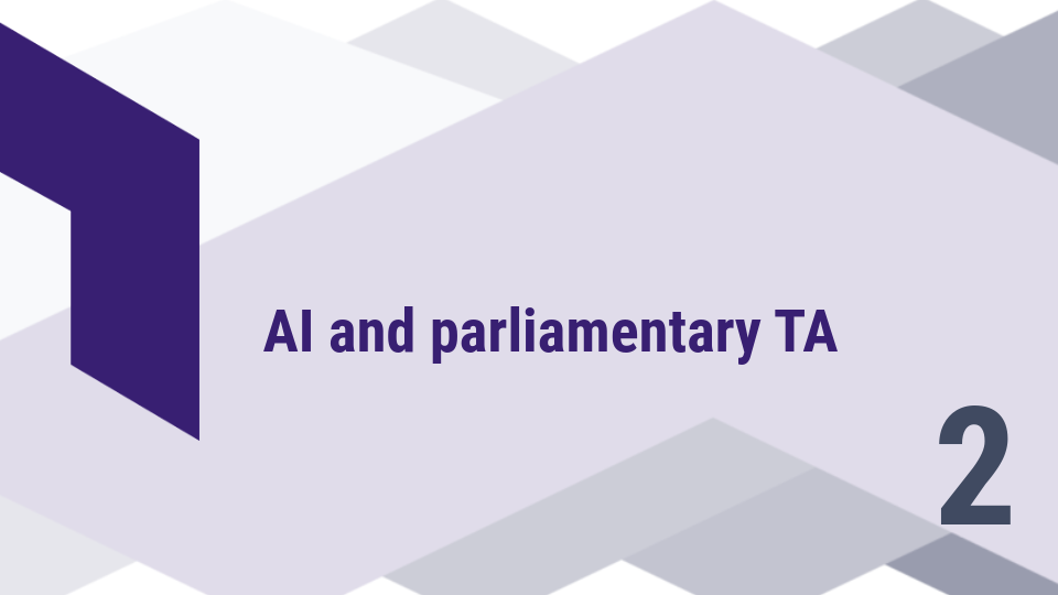 Image description: Cover image of a blog series featuring geometric shapes; text "TABlog series" and "AI and parliamentary TA"; large number 2 in the bottom right corner.