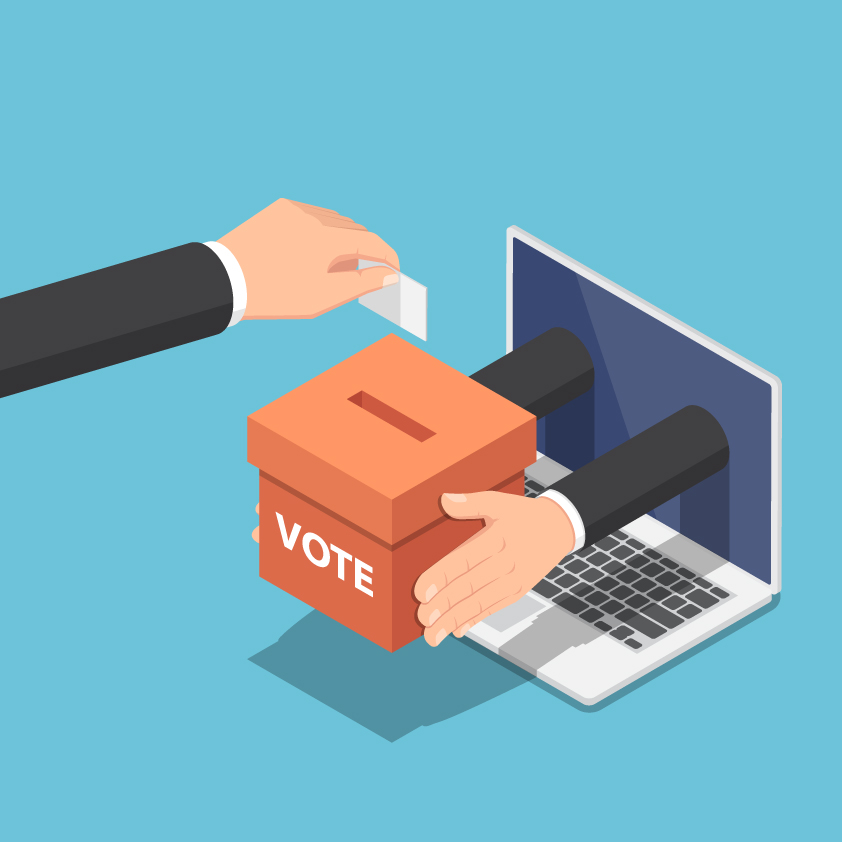 Eine Hand steckt einen Zettel in eine Wahlurne, die von zwei Händen gehalten werden, die aus einem Computer kommen. e-voting