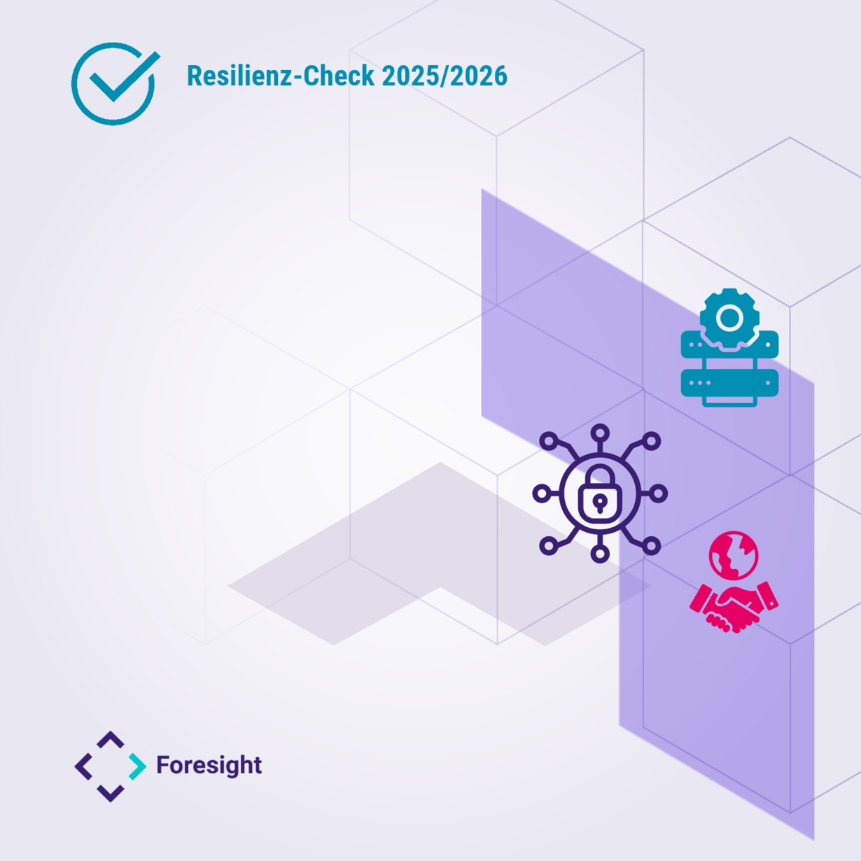 Illustration zu Resilienz-Check 2025-2026 mit Sicherheits- und IT-Icons: Netzwerk, Hände schütteln, Server-Symbol.