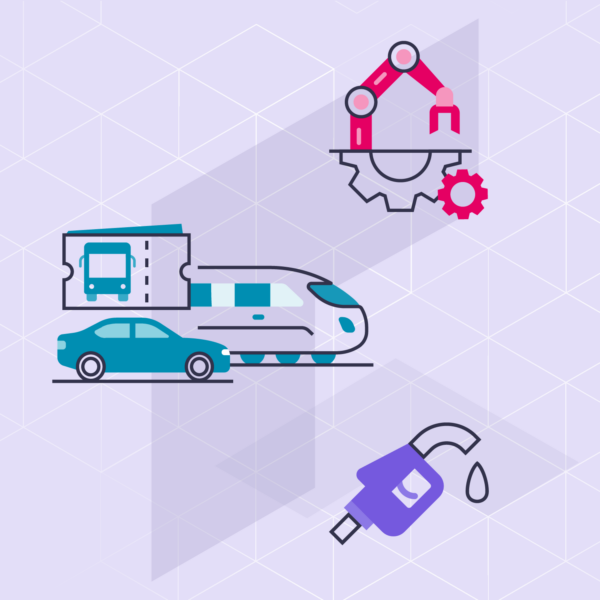 Ausschnitt aus Systembild Verkehr und Mobilität. Zu sehen sind ein Bild von einem Flugzeug, einem LKW, einem Auto und einem Zug