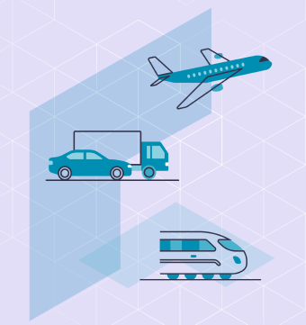 Ausschnitt aus Systembild Verkehr und Mobilität. Zu sehen sind ein Bild von einem Flugzeug, einem LKW, einem Auto und einem Zug