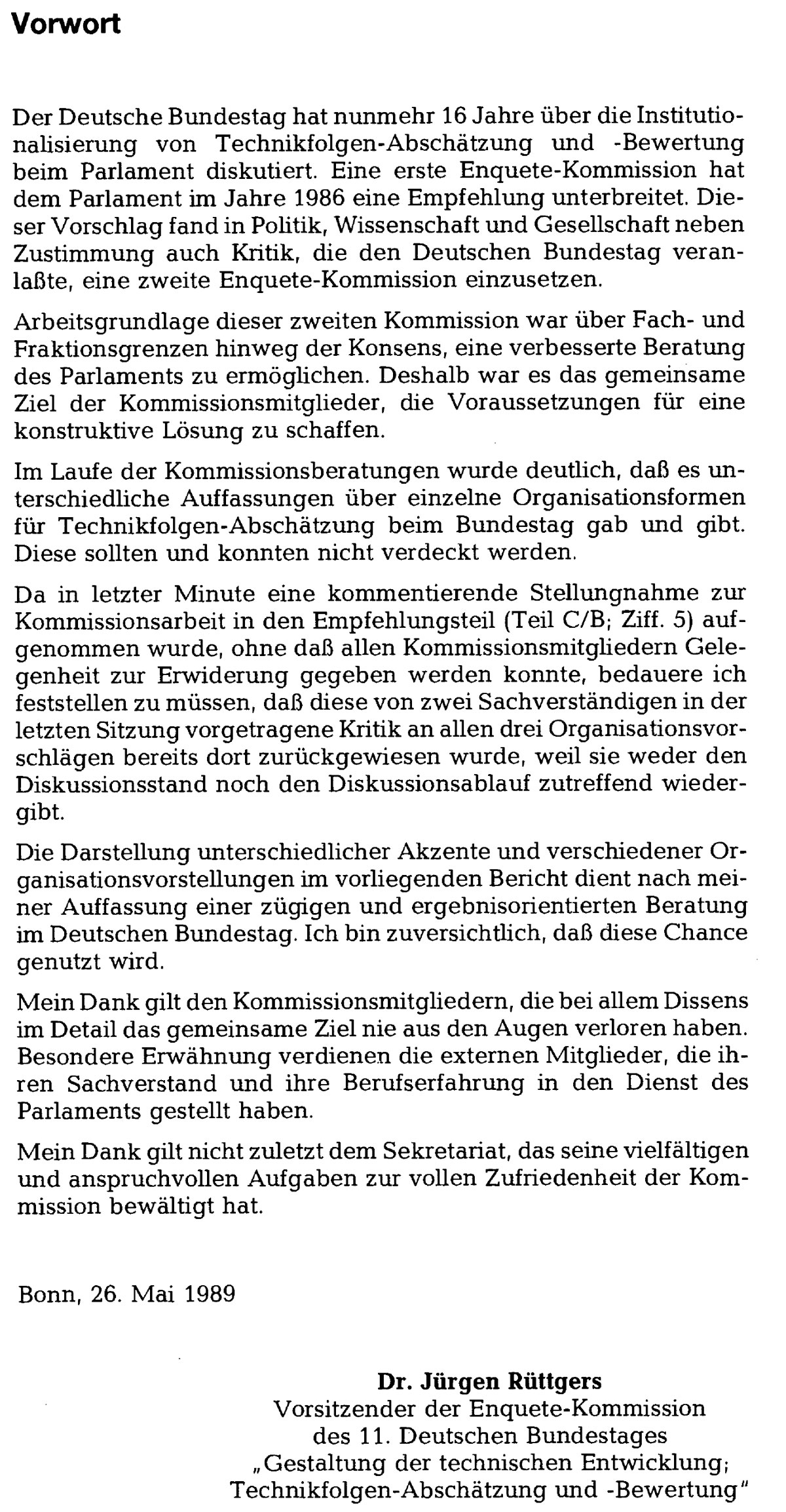 Screenshot des Vorworts von Jürgen Rüttgers, CDU,  zum Abschlussbericht der Enquete-Kommission TA vom April 1989 (Drs. 11/4606)