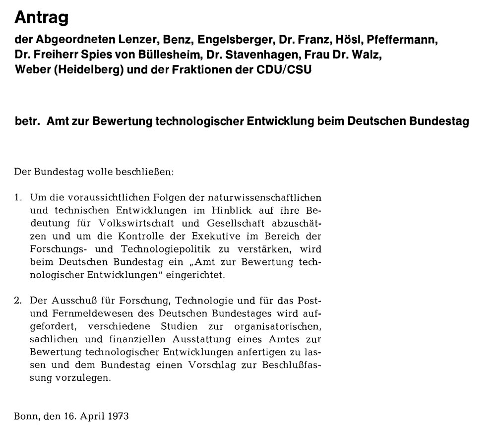 Screenshot: Antrag von 1973 auf ein »Amt zur Bewertung technologischer Entwicklung beim Deutschen Bundestag« (Drs. 7/468)