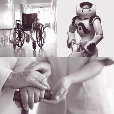 Hintergrund-Collage: Rollstuhl im Gang, Roboter Paro, junge Hände berühren alte Hände mit Gehstock (Projektbild: Robotik in der Pflege)