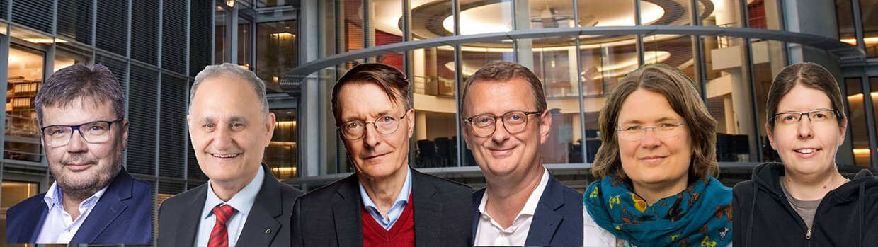 Collage vor Collage vor Sitzungssälen des Paul-Löbe-Hauses  mit  Karl Lauterbach, Reza Asghari, Michal Kaufmann, Oliver Kaczmarek, Andrea Lübcke, und Sonja Lemke, 