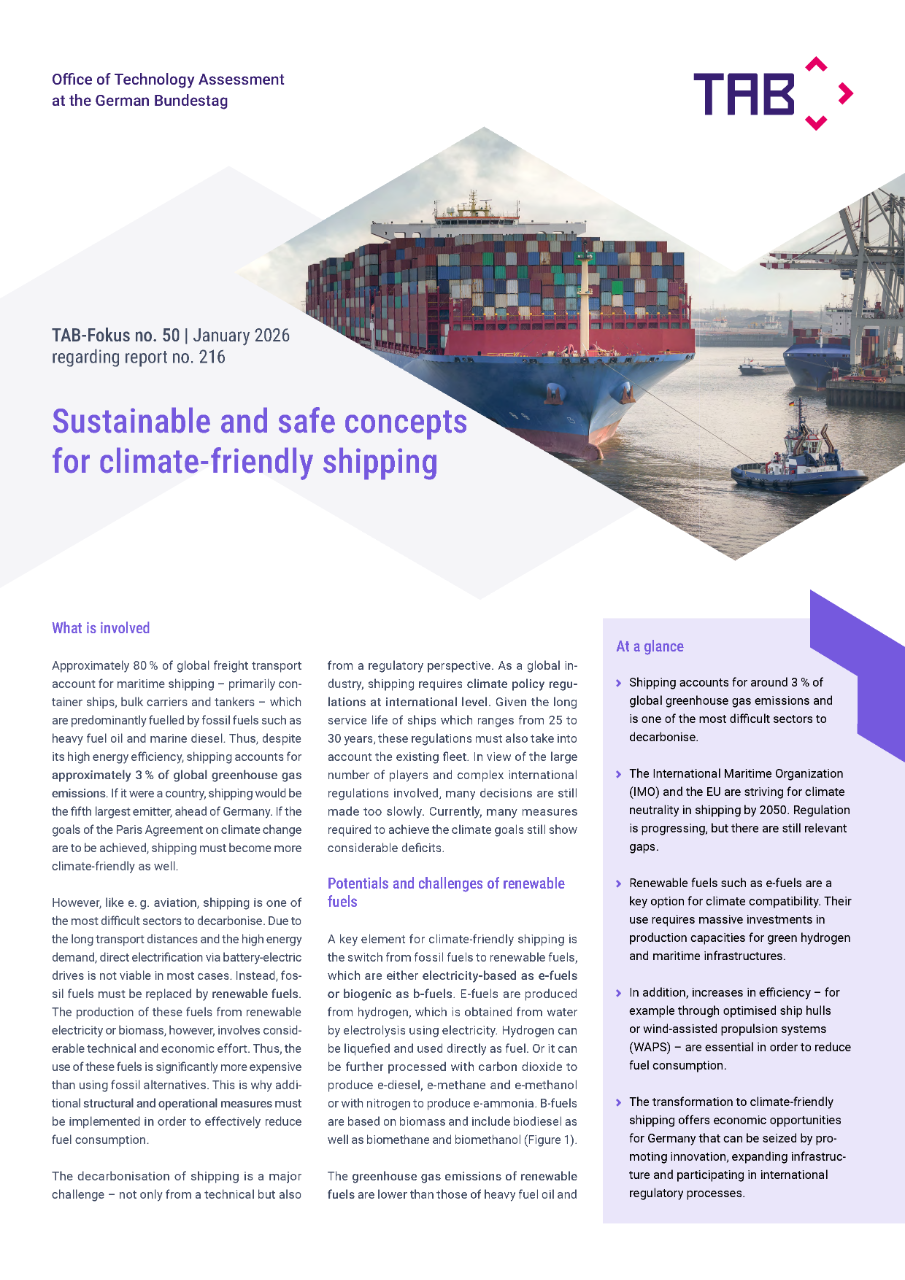 Cover TAB-Fokus with picture of large container ship in the harbour, with crane installations in the background.
