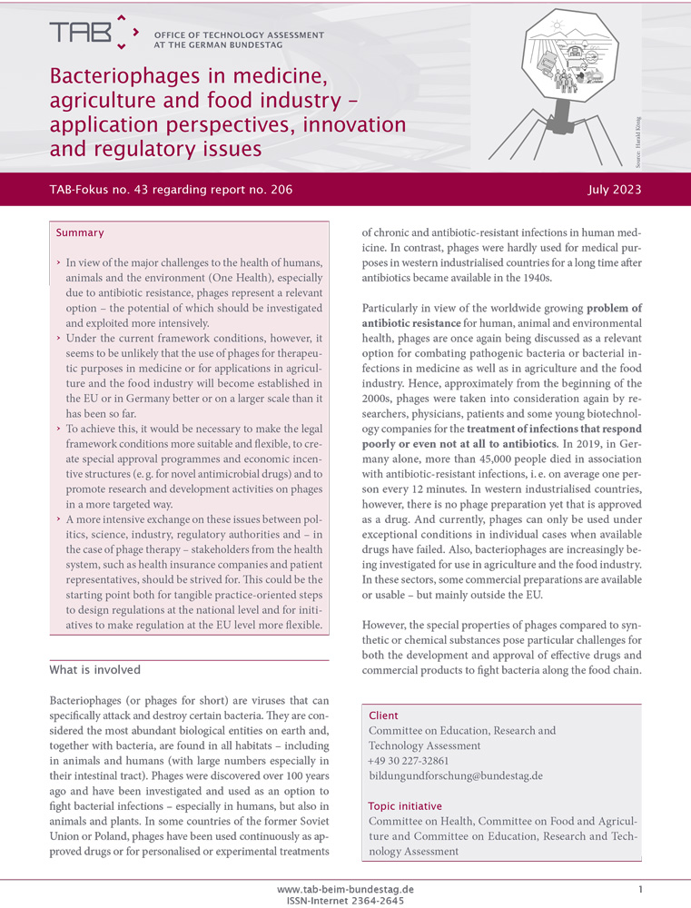 cover TAB-Fokus 43 en: Bacteriophages in medicine, agriculture and food industry – application perspectives, innovation and regulatory issues