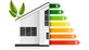 Projektbild: Haus mit Energieeffizienzlabel von A (dunkelgrün) bis G (Rot)