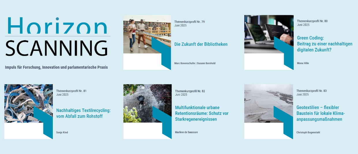 Horizon Scanning cover with future themes on libraries, coding, recycling, urban spaces, and textiles.