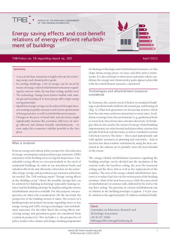 Cover TAB-Fokus Nr. 38 Energy saving effects and cost-benefit relations of energy-efficient refurbishment of buildings