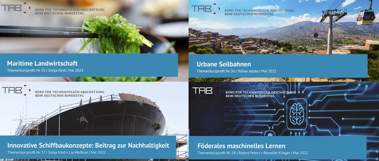 Coverbilder TKP Nr. 55-58: maritime landwirtschaft, urbane Seilbahnen, innovative Schiffbaukonzepte, föderales lernen