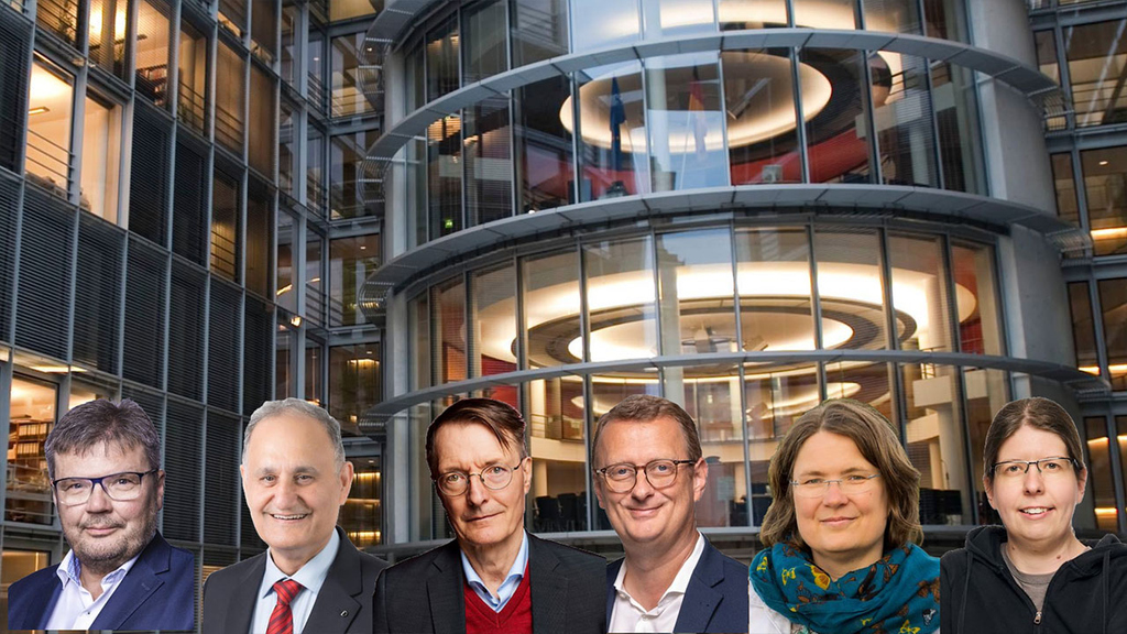 Collage vor Collage vor Sitzungssälen des Paul-Löbe-Hauses  mit  Karl Lauterbach, Reza Asghari, Michal Kaufmann, Oliver Kaczmarek, Andrea Lübcke, und Sonja Lemke, 