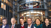 Collage vor Collage vor Sitzungssälen des Paul-Löbe-Hauses  mit  Karl Lauterbach, Reza Asghari, Michal Kaufmann, Oliver Kaczmarek, Andrea Lübcke, und Sonja Lemke, 