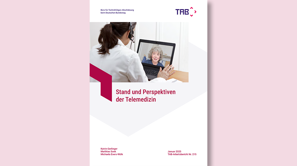 Frau in Videoanruf mit Arzt, Cover des Berichts "Stand und Perspektiven der Telemedizin".