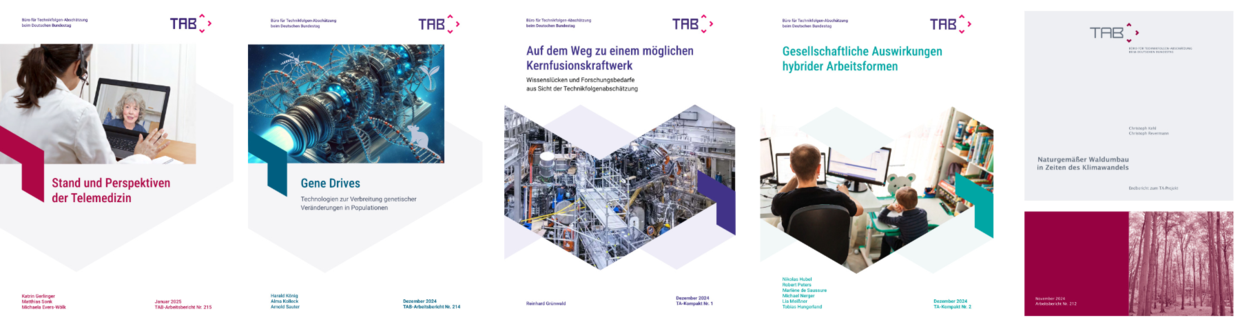 Titelblätter von wissenschaftlichen Berichten des Büros für Technikfolgen-Abschätzung beim Deutschen Bundestag.