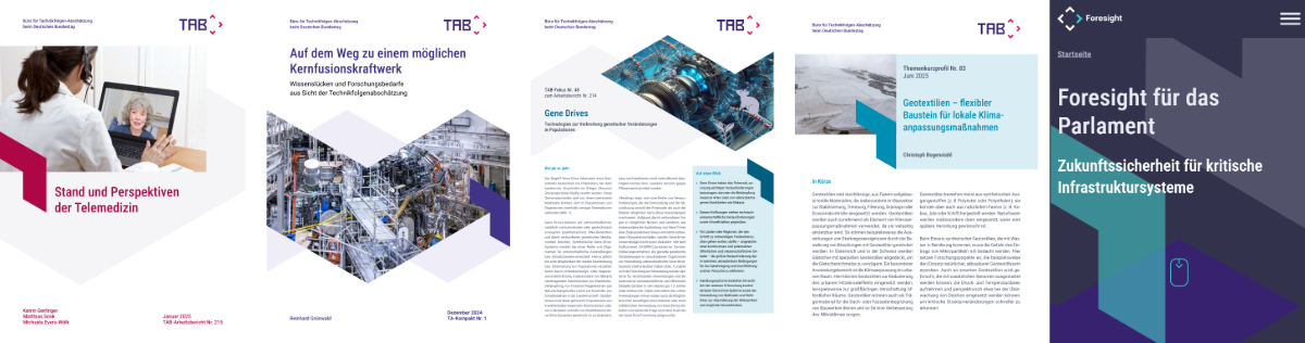 Exemplarische Titelseiten der Publikationsreihen des Büros für Technikfolgen-Abschätzung beim Deutschen Bundestag.. TAB-Arbeitsbericht, TA-Kompakt, TAB-Fokus, Themenkurzprofil, Foresight-Plattform