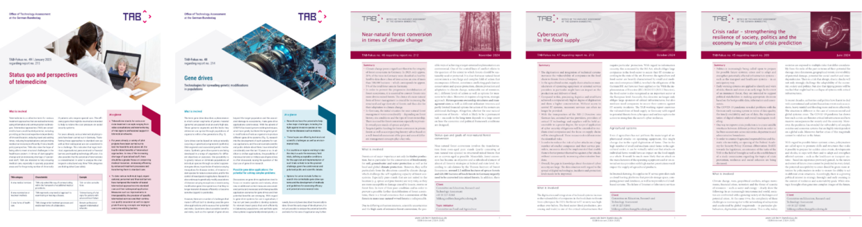 Five covers of recent TAB-Fokus covers from the German Bundestag’s Office of Technology Assessment on various technology topics.