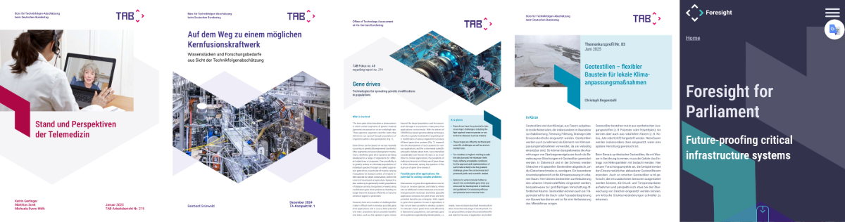 Exemplary covers of the publication series of the Office of Technology Assessment at the German Bundestag. TAB Working Report, TA-Kompakt, TAB-Fokus, Topic Profile, Foresight Platform