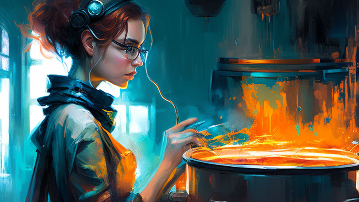 A futuristic oil painting of a young female scientist looking into a cooking pot of digital mehthods for Technology assessment